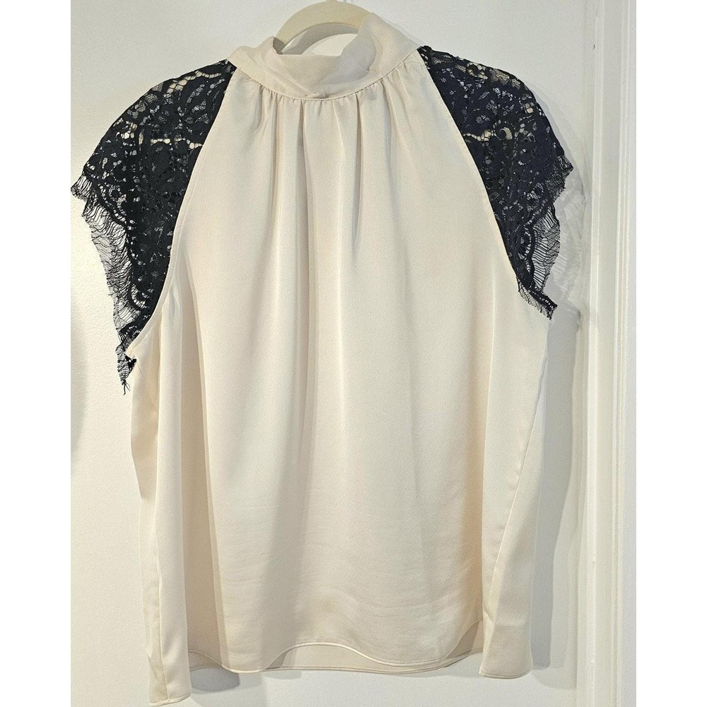 Ann Taylor Factory Cream Blouse with Black Lace Shoulders - Size XL